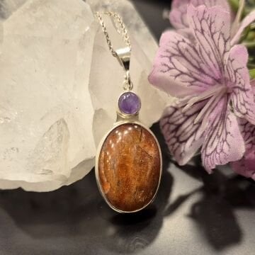 Güneş Taşı ve Ametist Taşı Tasarım Gümüş Kolye