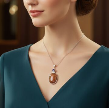 Güneş Taşı ve Ametist Taşı Tasarım Gümüş Kolye