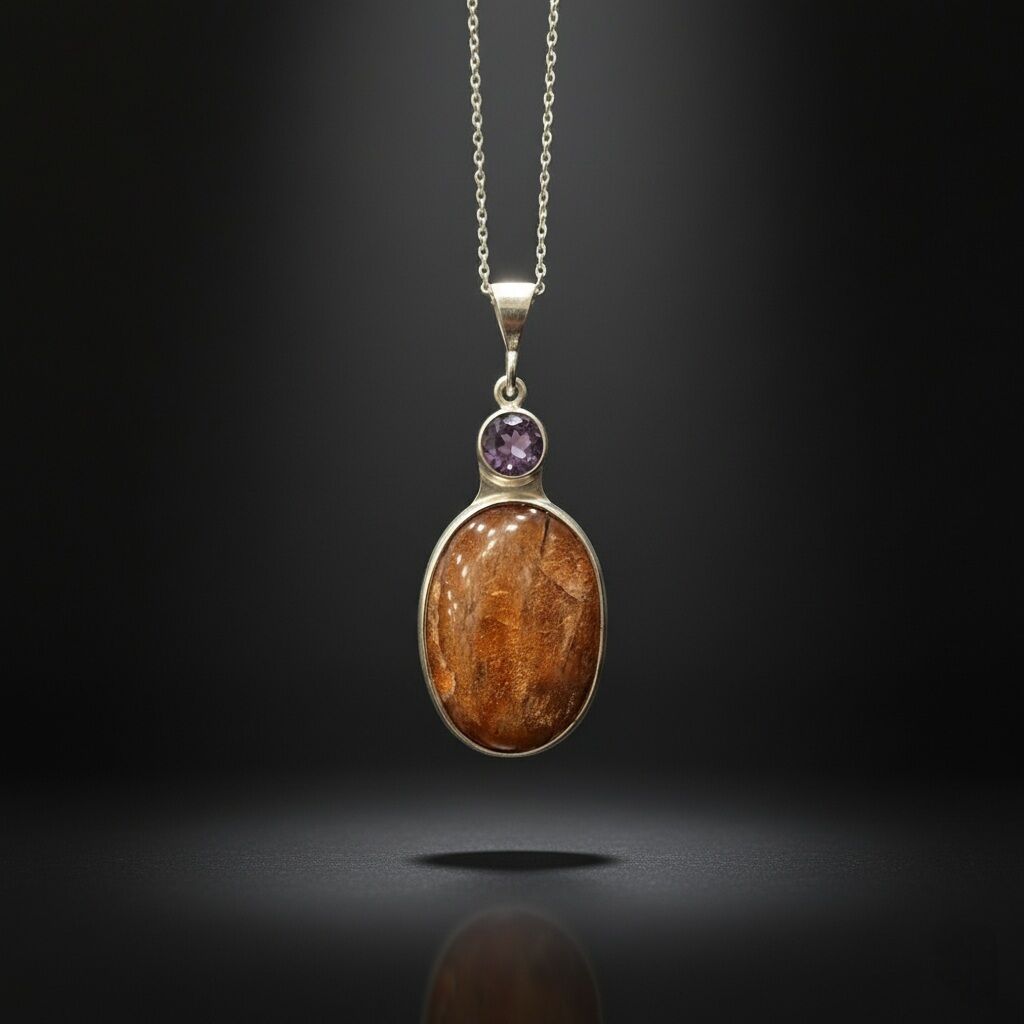 Güneş Taşı ve Ametist Taşı Tasarım Gümüş Kolye