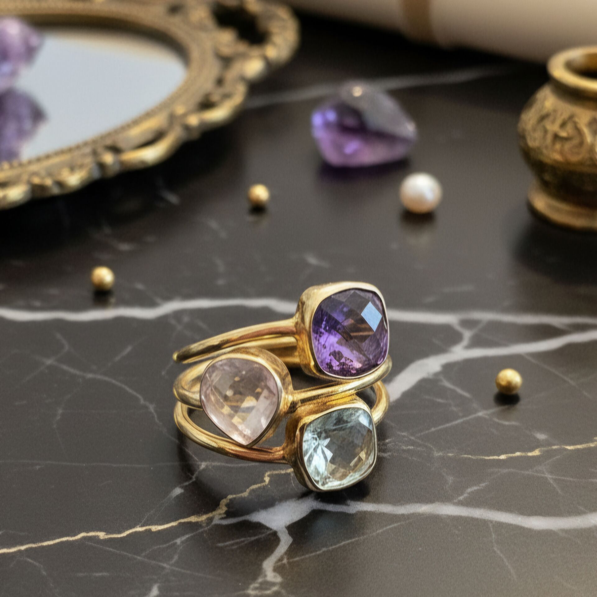 Mor Ametist, Yeşil Ametist ve Pembe Kuvars Tasarım Gümüş Yüzük