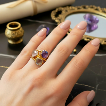 Mor Ametist, Yeşil Ametist ve Pembe Kuvars Tasarım Gümüş Yüzük