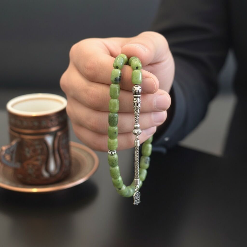 Kanada Yeşim Taşı Kapsül Kesim 33 lük Gümüş Tesbih