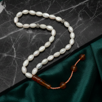 Arpa Kesim Beyaz Sedef ve Akik Taşlı 33 lü Gümüş Tesbih