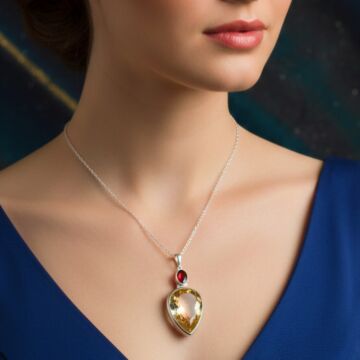 Sitrin ve Lal (Garnet) Taşlı Tasarım Gümüş Kolye