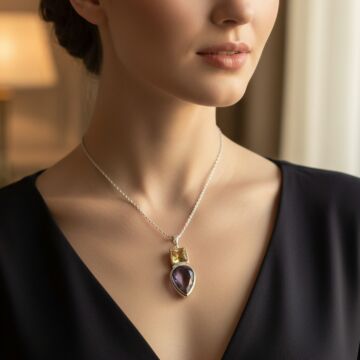 Sitrin ve Ametist Taşlı Tasarım Gümüş Kolye