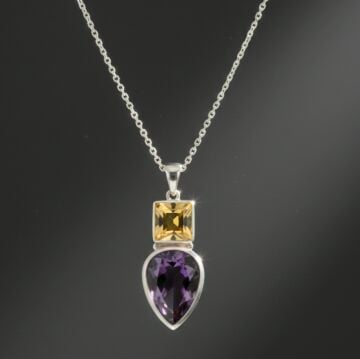 Sitrin ve Ametist Taşlı Tasarım Gümüş Kolye