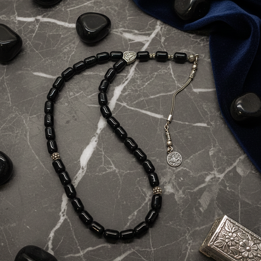 Kapsül Kesim Siyah Turmalin 33 lü Gümüş Tesbih