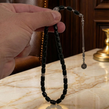 Kapsül Kesim Siyah Turmalin 33 lü Gümüş Tesbih