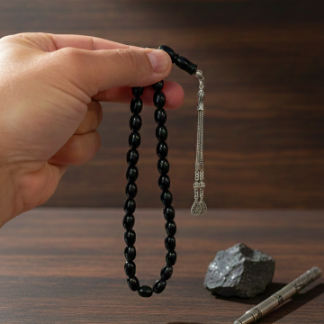 Beyzi Kesim Gürcü Oltu Taşı 33 lük Gümüş Tesbih