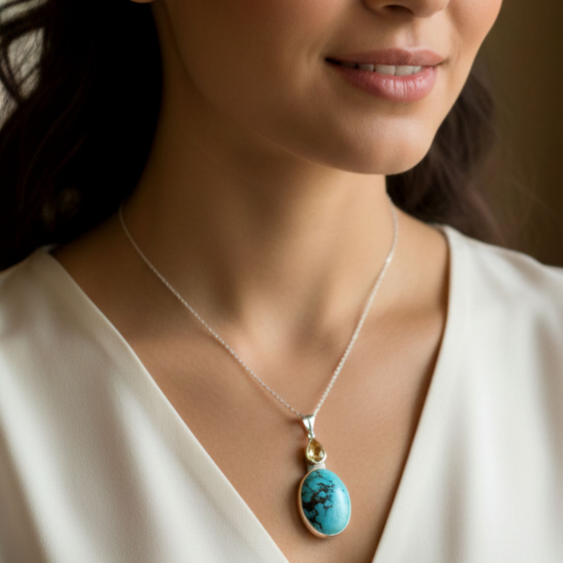 Turkuaz ve Sitrin Tasarım Gümüş Kolye