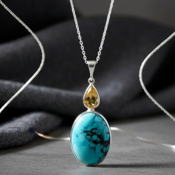 Turkuaz ve Sitrin Tasarım Gümüş Kolye