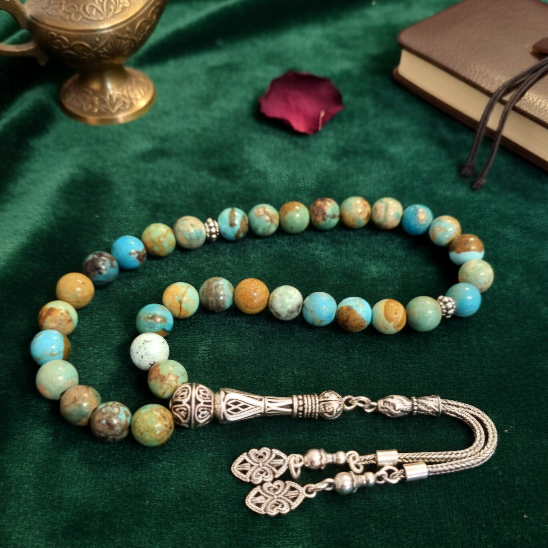 Orjinal Turkuaz Taşı Küre Kesim 925 Ayar Gümüş Tesbih