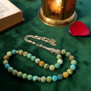 Orjinal Turkuaz Taşı Küre Kesim 925 Ayar Gümüş Tesbih