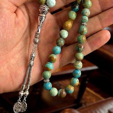 Orjinal Turkuaz Taşı Küre Kesim 925 Ayar Gümüş Tesbih