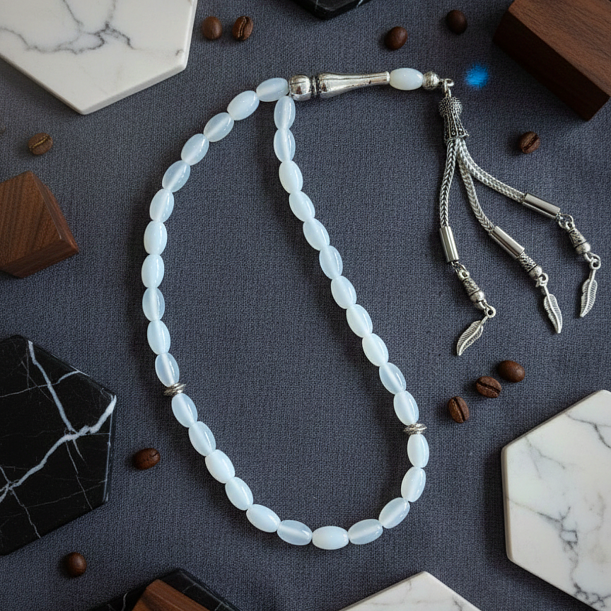 Arpa Kesim 33 lük Beyaz Akik Taşı Tesbih