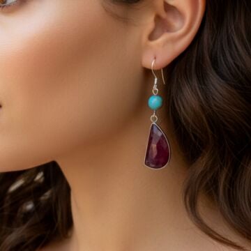 Yakut ve Turkuaz Tasarım Gümüş Küpe