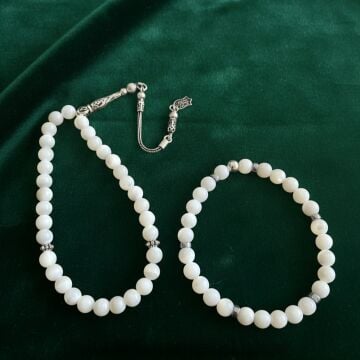 7 mm Sedef Tesbih ve Bileklik Gümüş Set