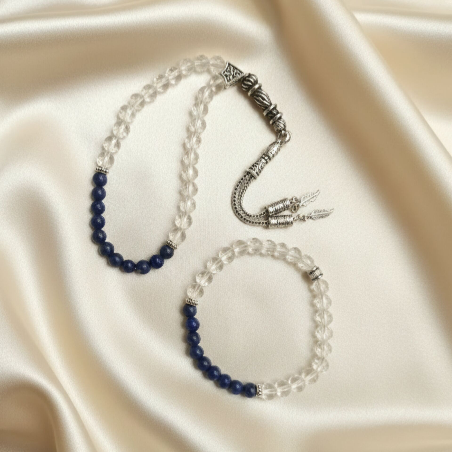 Kristal Kuvars ve Lapis Lazuli Tesbih ve Bileklik Set