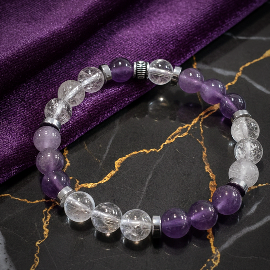 Kristal Kuvars, Ametist ve Hematit Doğal Taş Bileklik
