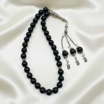 Küre Kesim Siyah Turmalin 33 lü Gümüş Tesbih