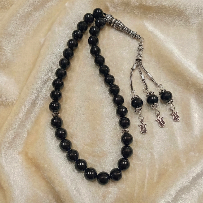 Küre Kesim Siyah Turmalin 33 lü Gümüş Tesbih