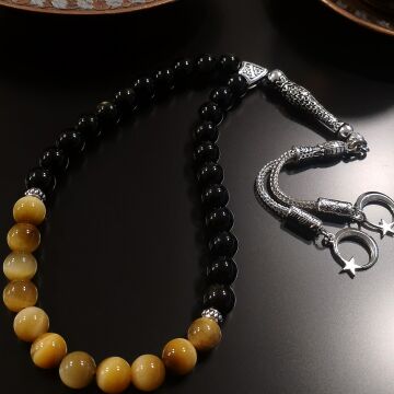 Sarı Kaplangözü ve Obsidyen Tasarım Doğal Taş 33 lük Tesbih