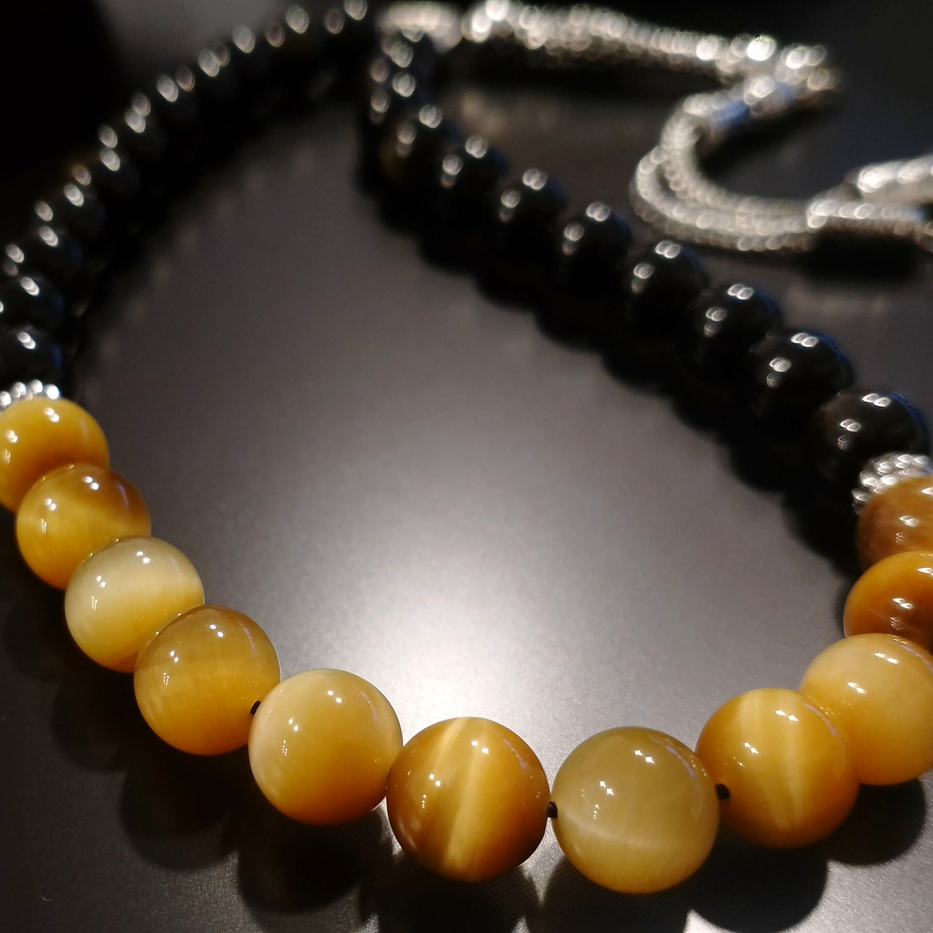 Sarı Kaplangözü ve Obsidyen Tasarım Doğal Taş 33 lük Tesbih