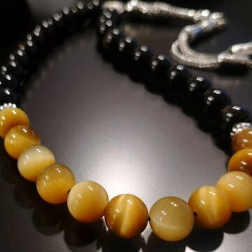 Sarı Kaplangözü ve Obsidyen Tasarım Doğal Taş 33 lük Tesbih