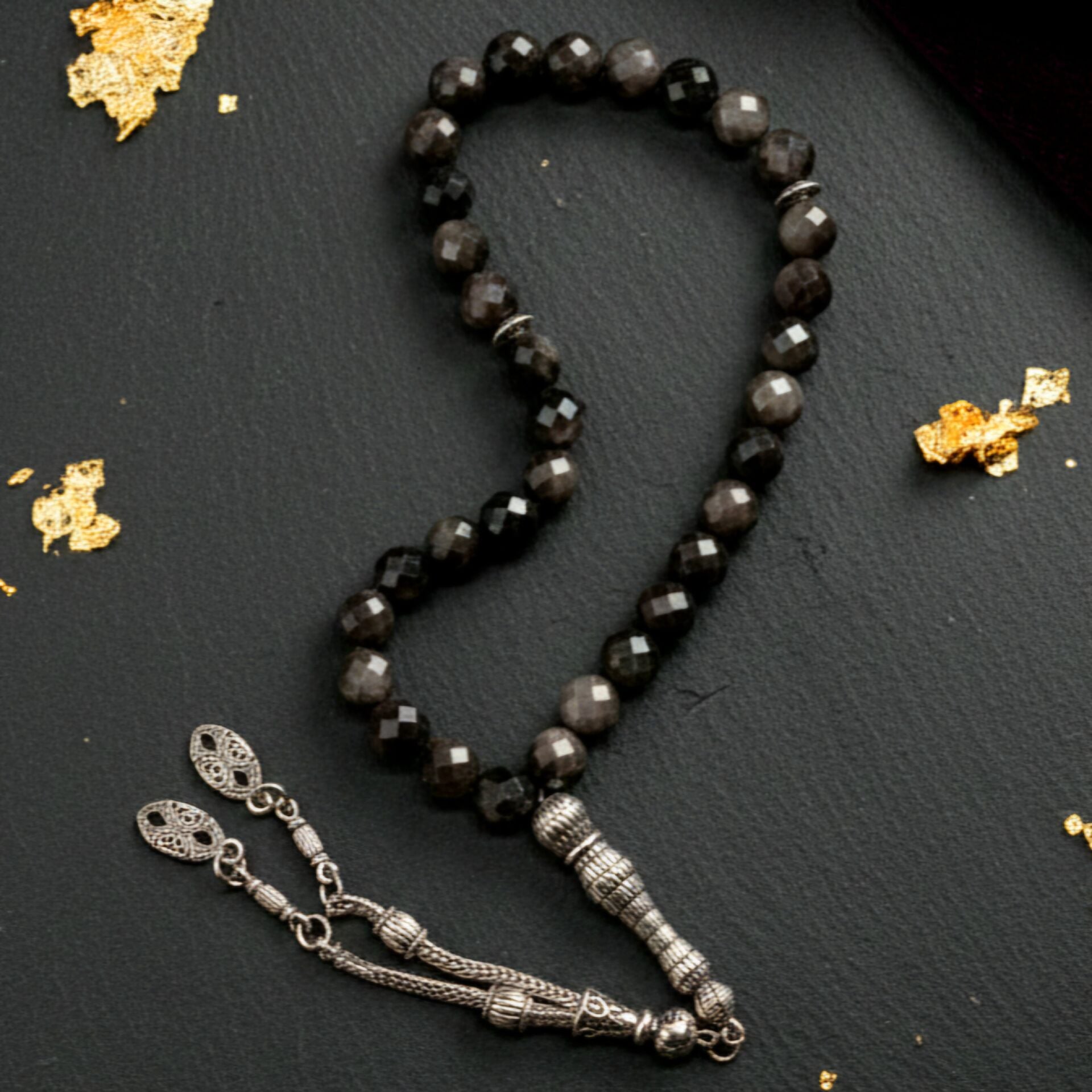 Faset Kesim 33 lük Silver Obsidyen Tesbih