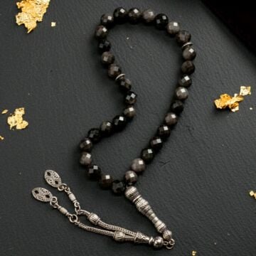 Faset Kesim 33 lük Silver Obsidyen Tesbih