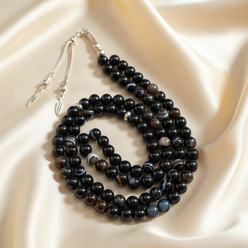 Dua ve Namaz Tesbihi 99 luk Küre Kesim Siyah Akik