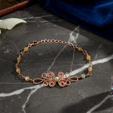 Sarı Opal ve Prehnit Özel Tasarım Bakır Bileklik