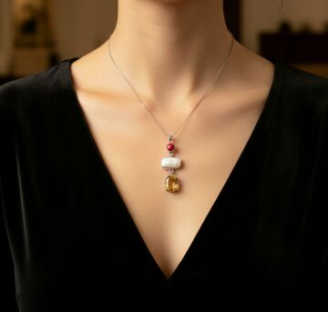 Mercan, İnci, Sitrin Gümüş Kolye