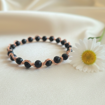 Siyah Akik Taşı ve Trend Bakır Bileklik (Bilezik)