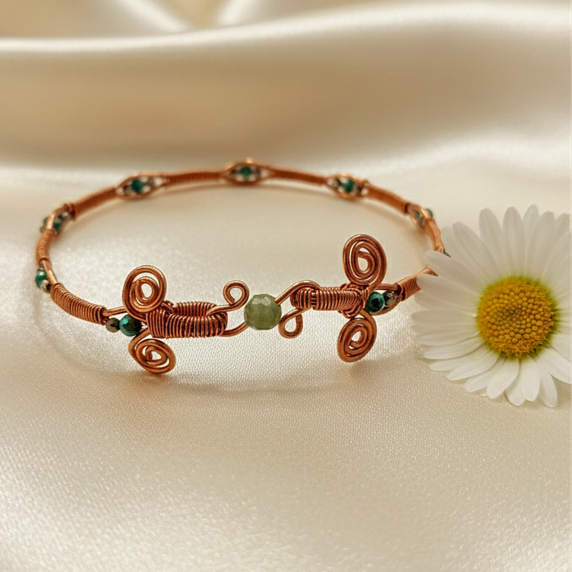 Turkuaz ve Hematit Taşlı Özel Tasarım Trend Bakır Bileklik