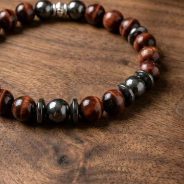 Kızıl Kaplangözü ve Hematit Doğaltaş Bileklik - Kök Çakra ve Denge Temalı