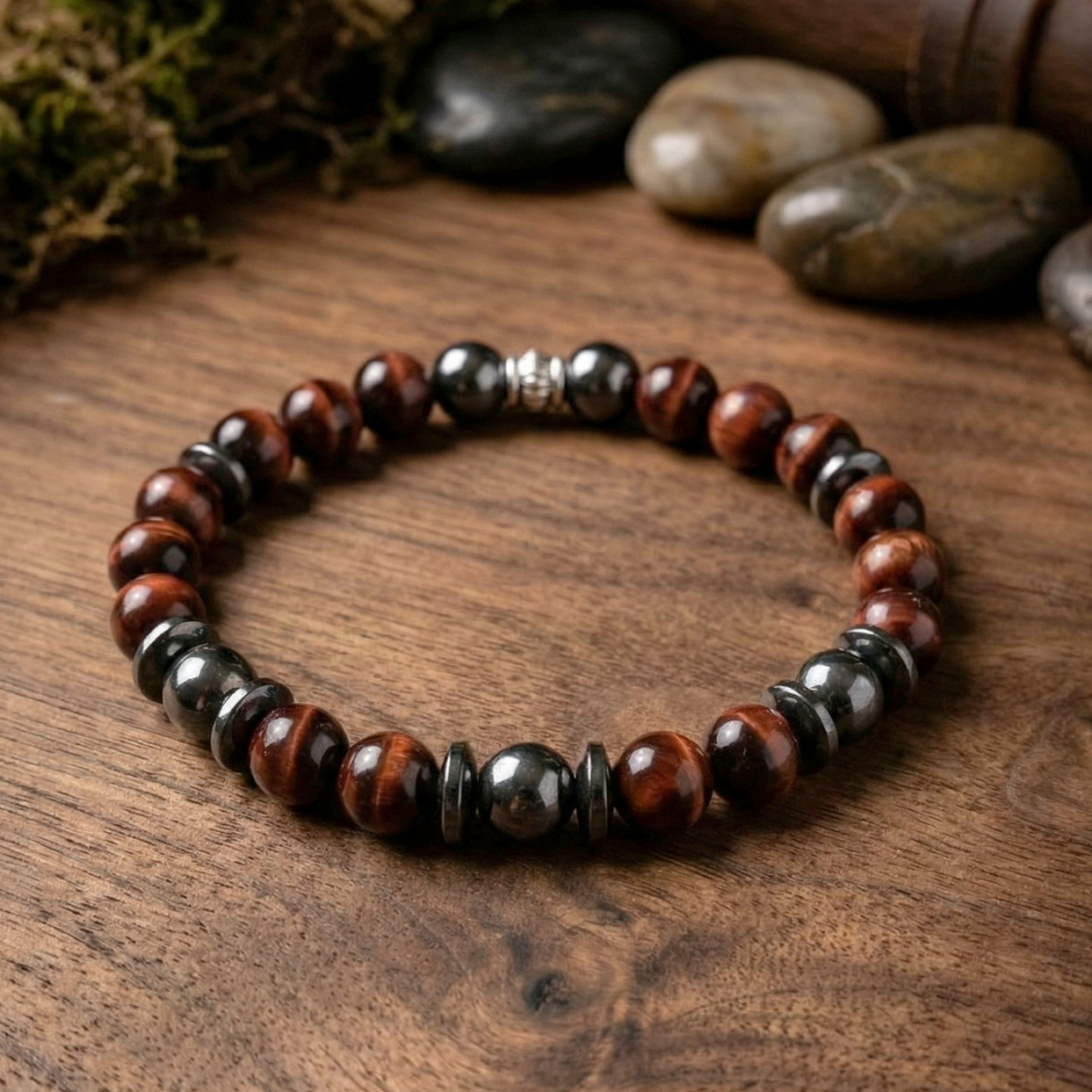 Kızıl Kaplangözü ve Hematit Doğaltaş Bileklik - Kök Çakra ve Denge Temalı