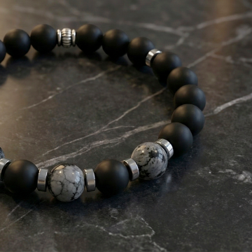 Karlı Obsidyen ve Oniks Tasarım Doğal Taş Bileklik - Güç ve Topraklanma Temalı