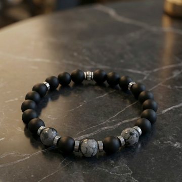 Karlı Obsidyen ve Oniks Tasarım Doğal Taş Bileklik - Güç ve Topraklanma Temalı