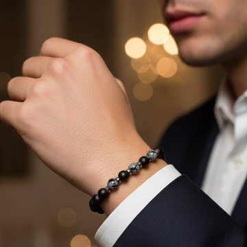 Karlı Obsidyen ve Oniks Tasarım Doğal Taş Bileklik - Güç ve Topraklanma Temalı