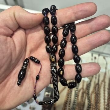 Yüsur (Siyah Mercan) 33 lük Beyzi Gümüş İşlemeli Tesbih